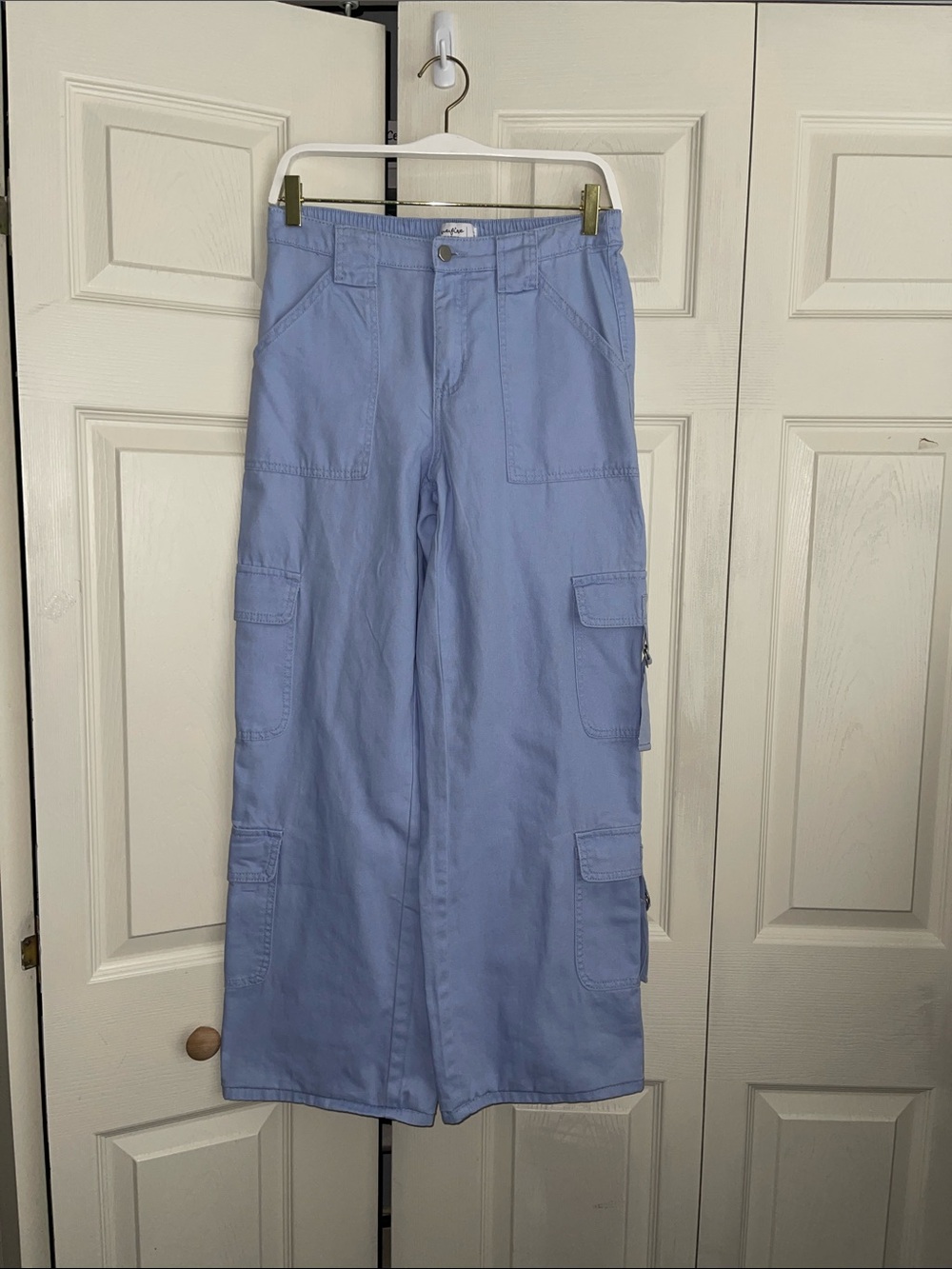 Love fire , cotton Light Blue Cargo Pants with elastic waist back.  #0525